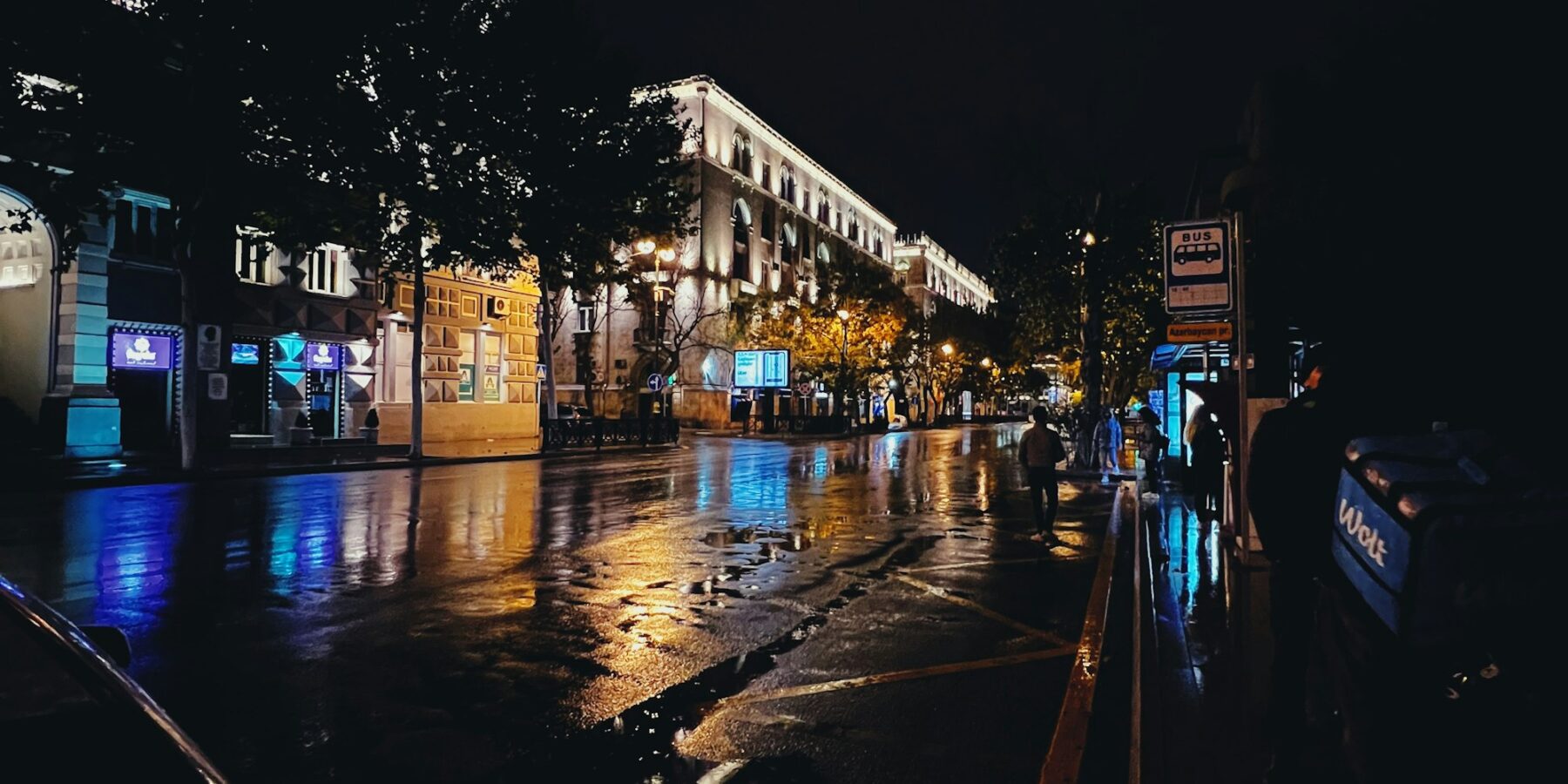 Baku city centre in the evening with lit streets and traffic